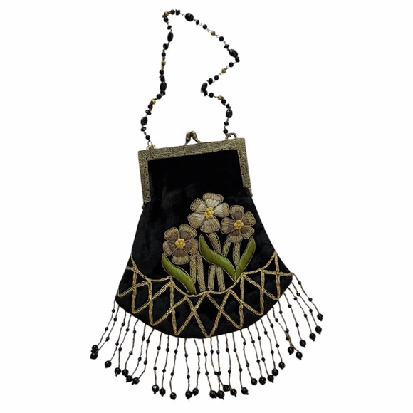 Vintage Hopeless Romantic Velvet Beaded Elegant Black and Gold Embroidered Bag